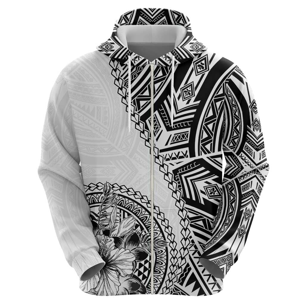 Hibiscus With White Austronesian Tattoo Pattern Zip Hoodie - Polynesian Pride
