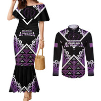 Personalised Aotearoa Moriori Couples Matching Mermaid Dress and Long Sleeve Button Shirt Maori Pattern New Zealand LT05 Purple - Polynesian Pride