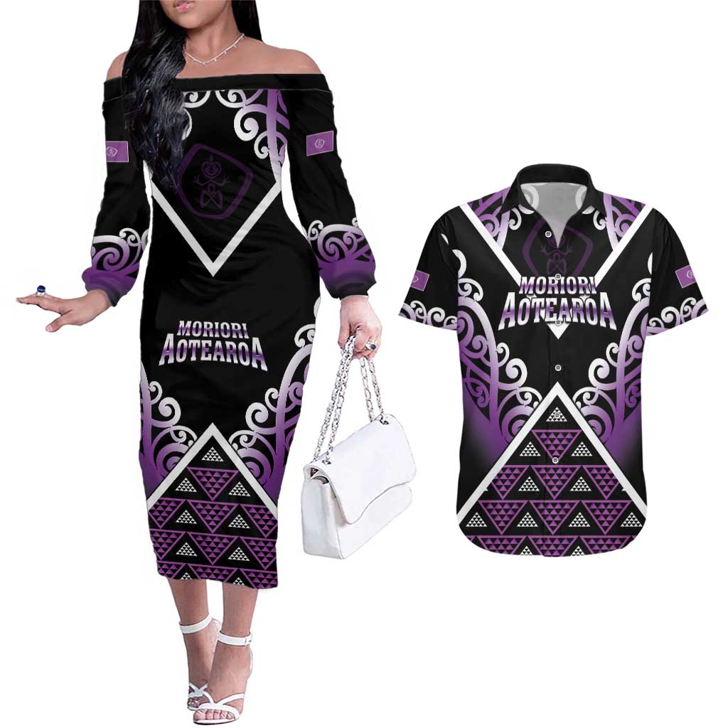 Personalised Aotearoa Moriori Couples Matching Off The Shoulder Long Sleeve Dress and Hawaiian Shirt Maori Pattern New Zealand LT05 Purple - Polynesian Pride