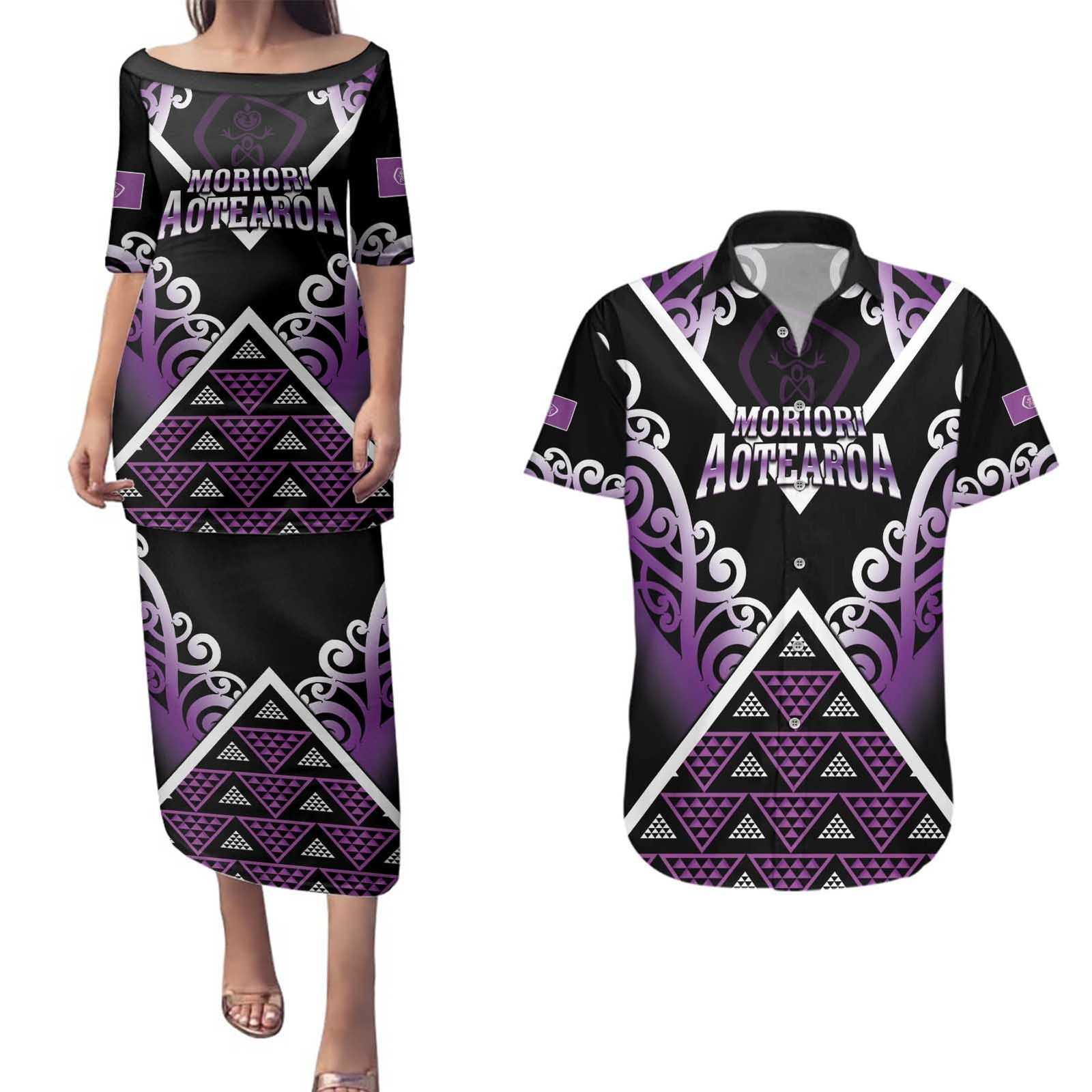 Personalised Aotearoa Moriori Couples Matching Puletasi and Hawaiian Shirt Maori Pattern New Zealand LT05 Purple - Polynesian Pride