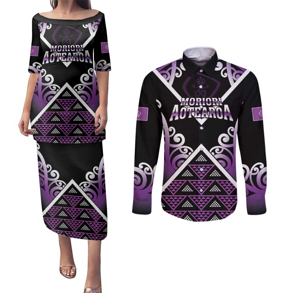 Personalised Aotearoa Moriori Couples Matching Puletasi and Long Sleeve Button Shirt Maori Pattern New Zealand LT05 Purple - Polynesian Pride