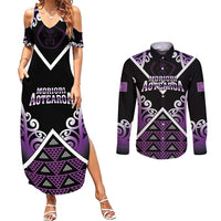 Personalised Aotearoa Moriori Couples Matching Summer Maxi Dress and Long Sleeve Button Shirt Maori Pattern New Zealand LT05 Purple - Polynesian Pride