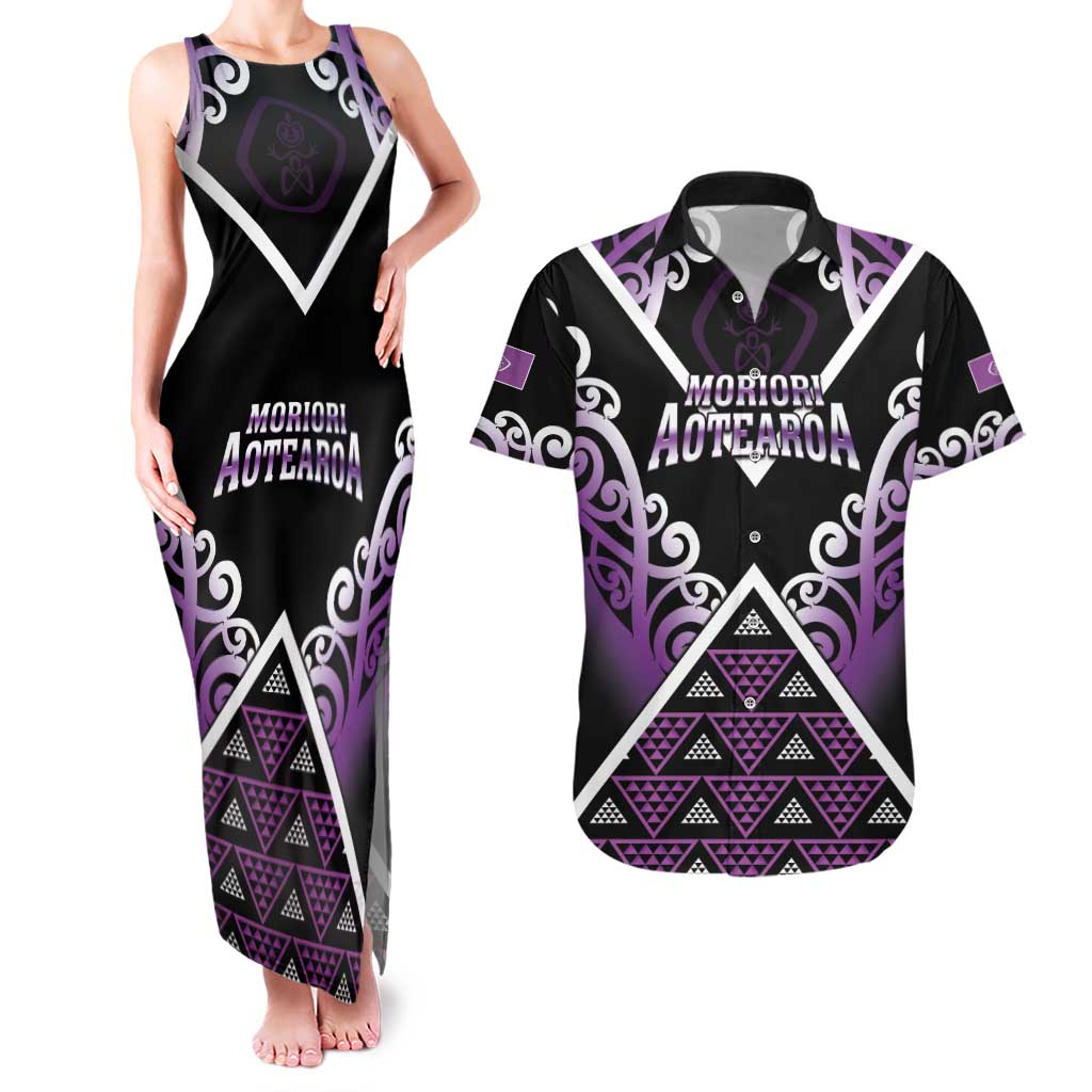 Personalised Aotearoa Moriori Couples Matching Tank Maxi Dress and Hawaiian Shirt Maori Pattern New Zealand LT05 Purple - Polynesian Pride