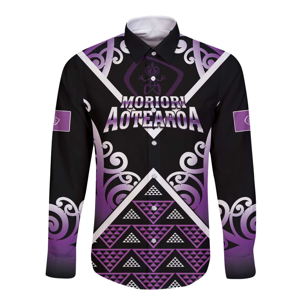 Personalised Aotearoa Moriori Long Sleeve Button Shirt Maori Pattern New Zealand LT05 Unisex Purple - Polynesian Pride