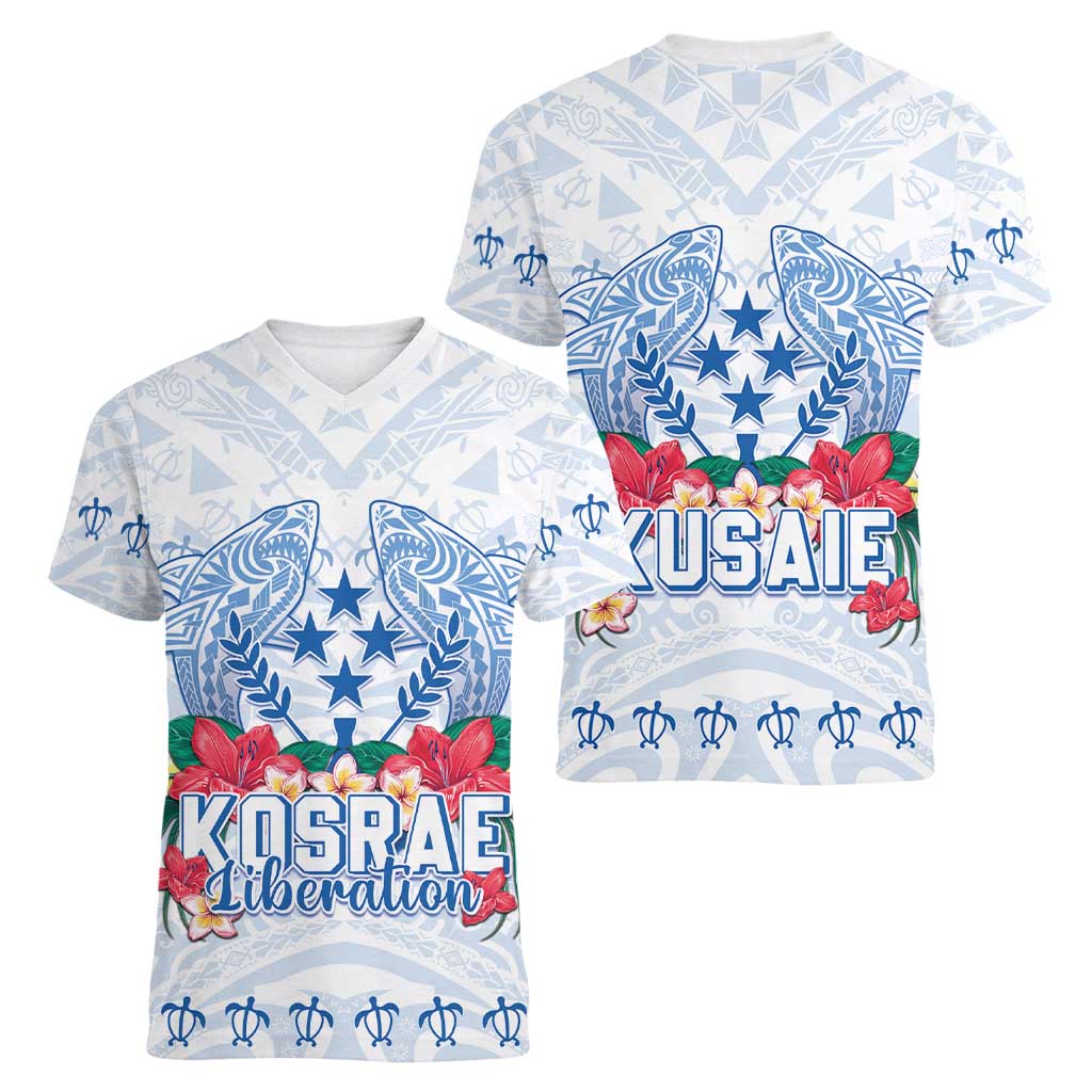 Happy Kosrae Liberation Day Women V-Neck T-Shirt Polynesian Shark Turtle Motif