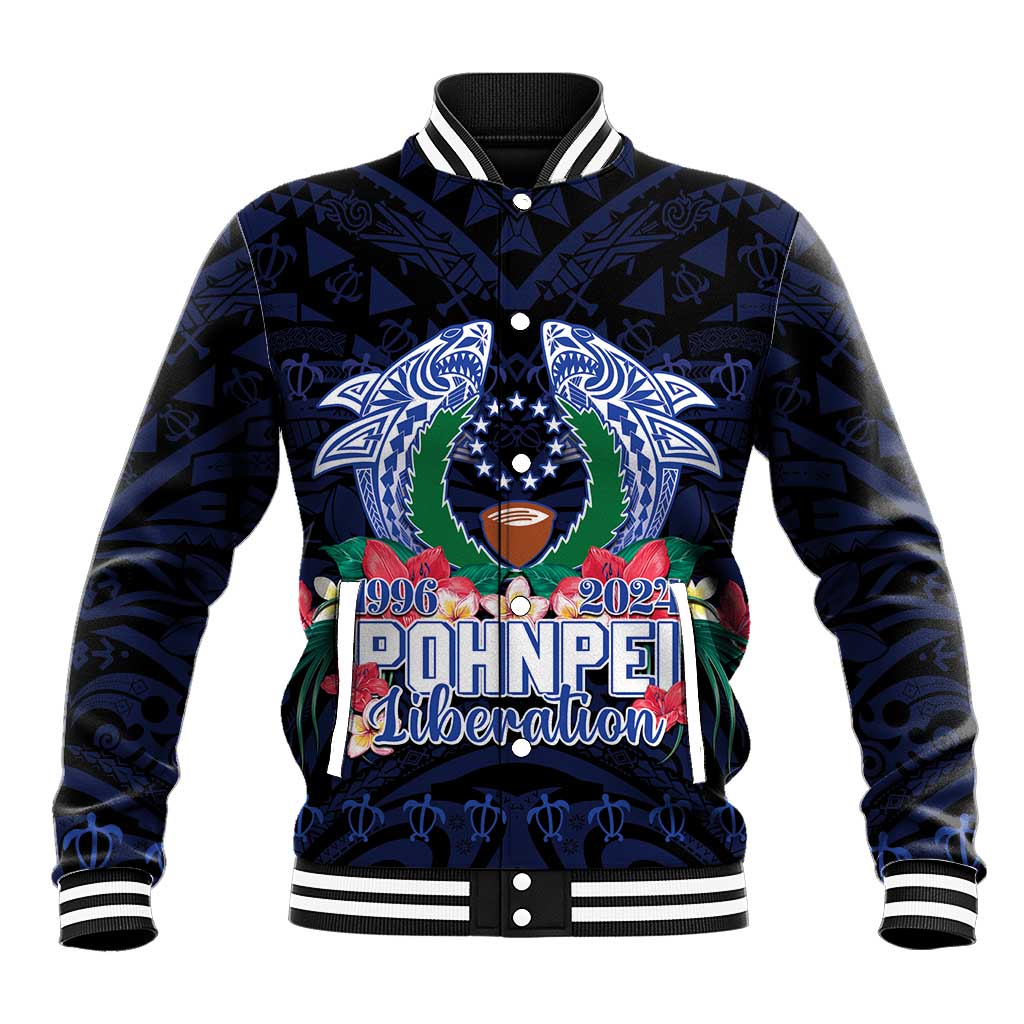 Happy Pohnpei Liberation Day Baseball Jacket Polynesian Shark Turtle Motif LT05 Unisex Blue - Polynesian Pride