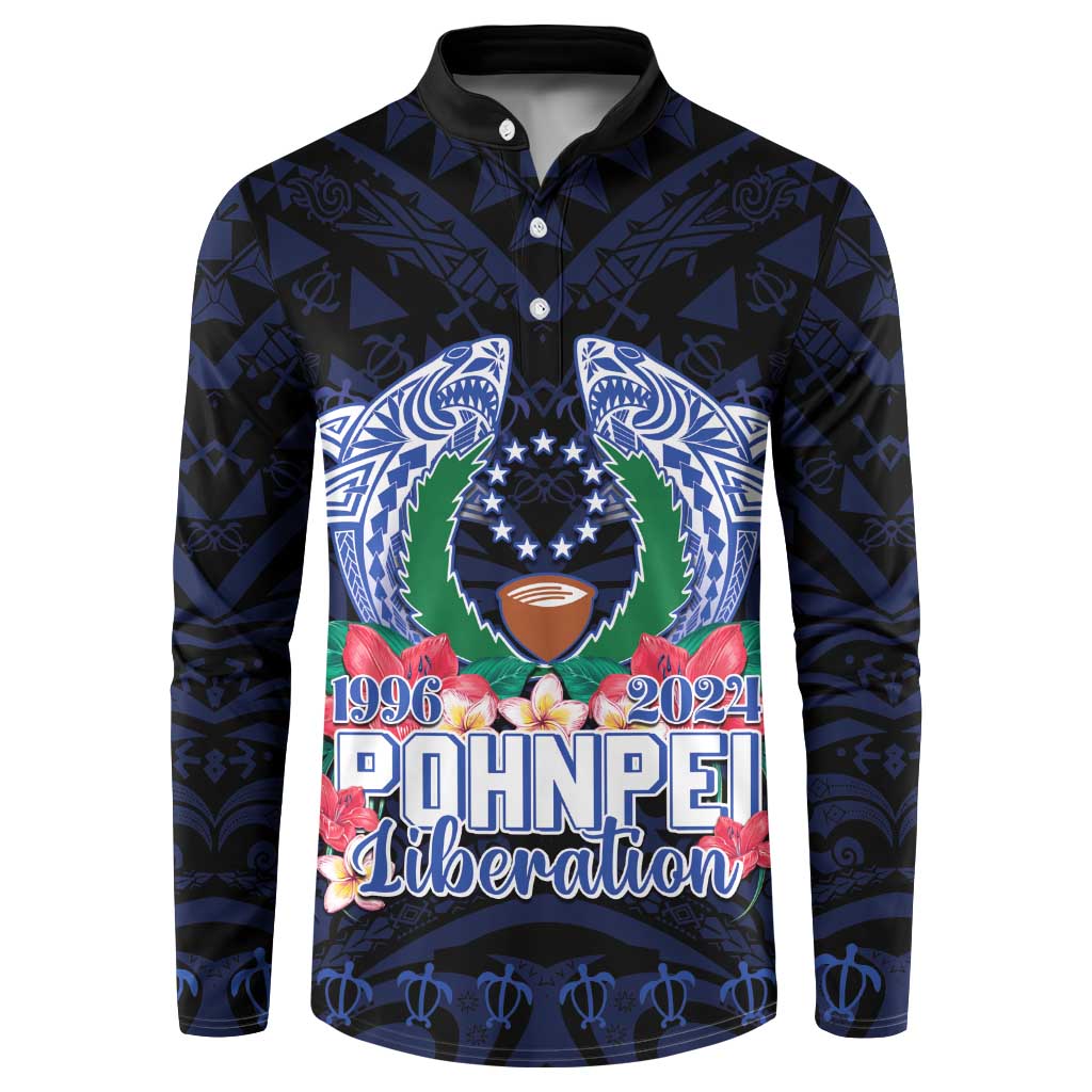 Happy Pohnpei Liberation Day Button Sweatshirt Polynesian Shark Turtle Motif LT05 Blue - Polynesian Pride