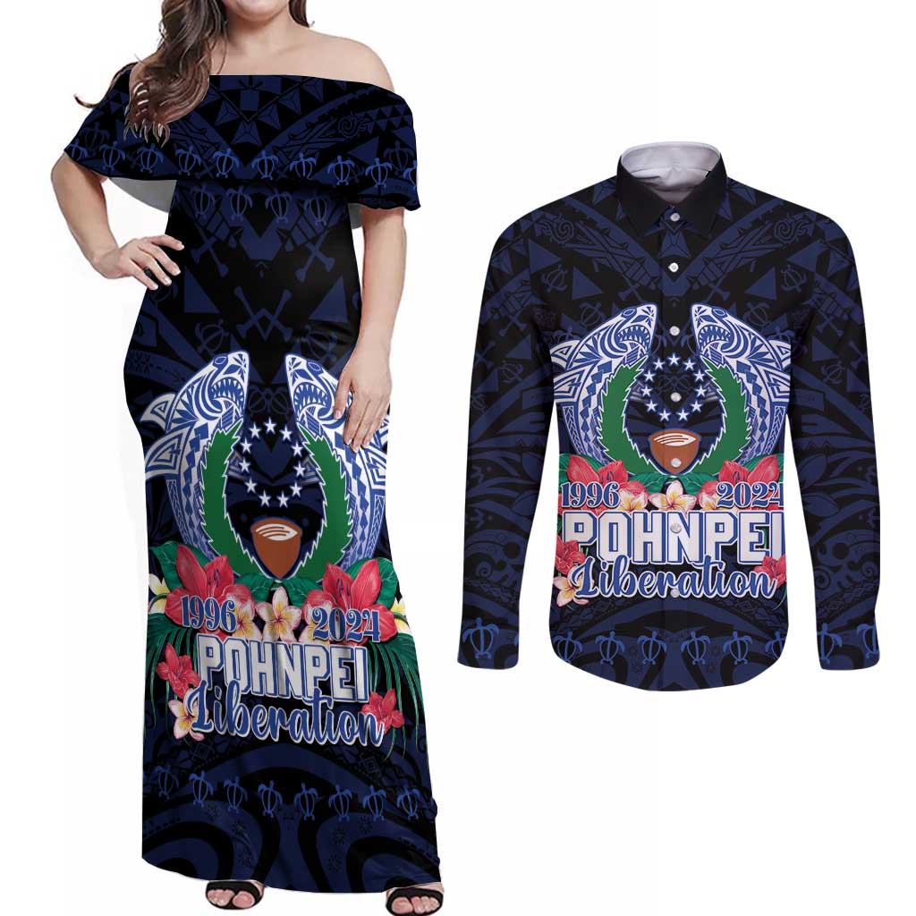 Happy Pohnpei Liberation Day Couples Matching Off Shoulder Maxi Dress and Long Sleeve Button Shirt Polynesian Shark Turtle Motif LT05 Blue - Polynesian Pride