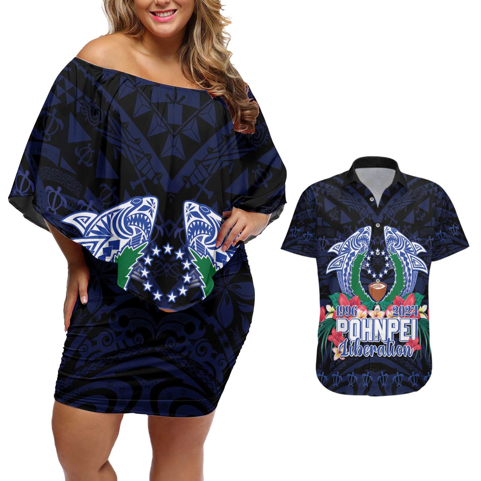 Happy Pohnpei Liberation Day Couples Matching Off Shoulder Short Dress and Hawaiian Shirt Polynesian Shark Turtle Motif LT05 Blue - Polynesian Pride