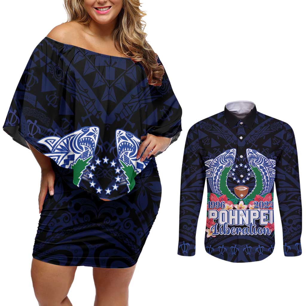 Happy Pohnpei Liberation Day Couples Matching Off Shoulder Short Dress and Long Sleeve Button Shirt Polynesian Shark Turtle Motif LT05 Blue - Polynesian Pride