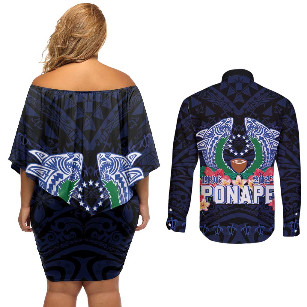 Happy Pohnpei Liberation Day Couples Matching Off Shoulder Short Dress and Long Sleeve Button Shirt Polynesian Shark Turtle Motif LT05 - Polynesian Pride