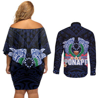 Happy Pohnpei Liberation Day Couples Matching Off Shoulder Short Dress and Long Sleeve Button Shirt Polynesian Shark Turtle Motif LT05 - Polynesian Pride