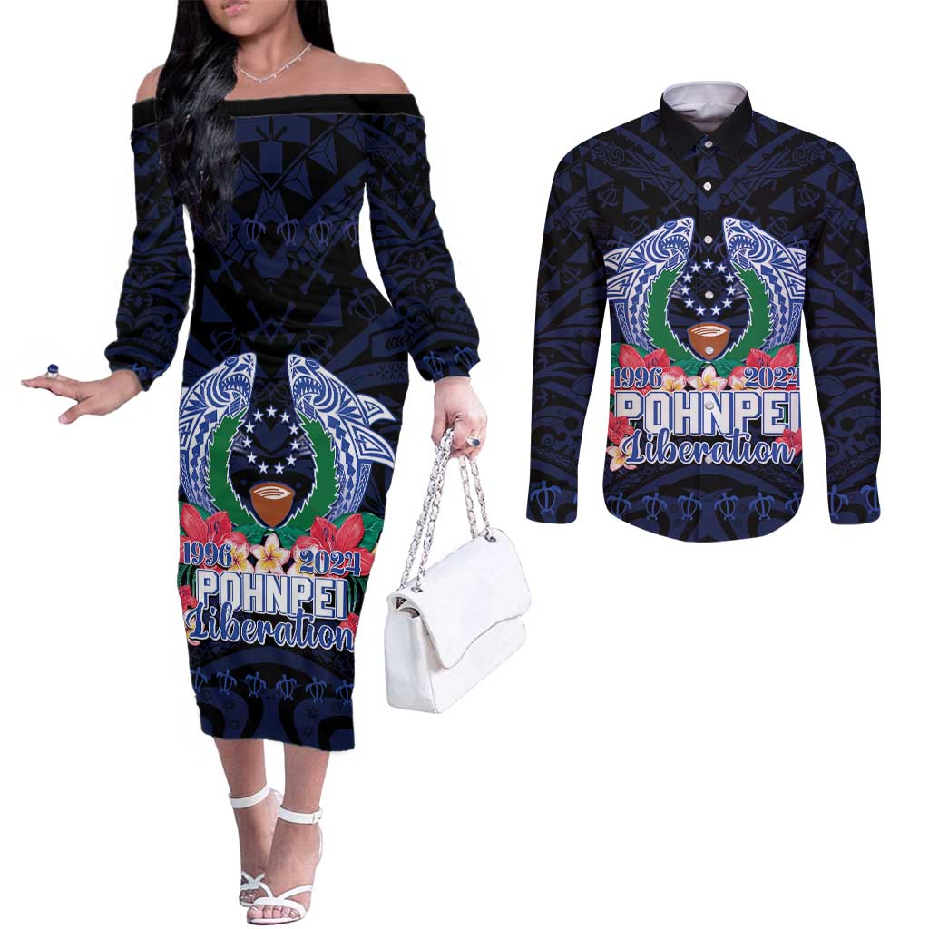 Happy Pohnpei Liberation Day Couples Matching Off The Shoulder Long Sleeve Dress and Long Sleeve Button Shirt Polynesian Shark Turtle Motif LT05 Blue - Polynesian Pride
