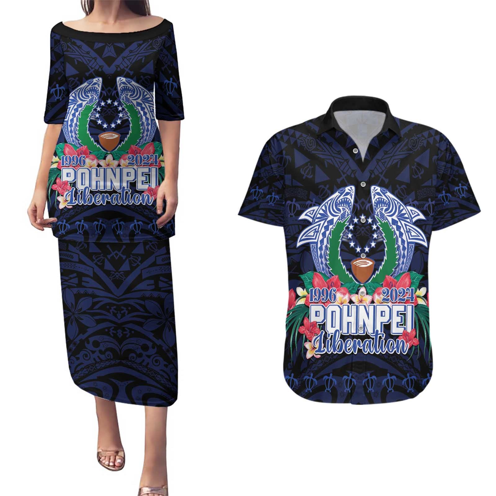Happy Pohnpei Liberation Day Couples Matching Puletasi and Hawaiian Shirt Polynesian Shark Turtle Motif LT05 Blue - Polynesian Pride
