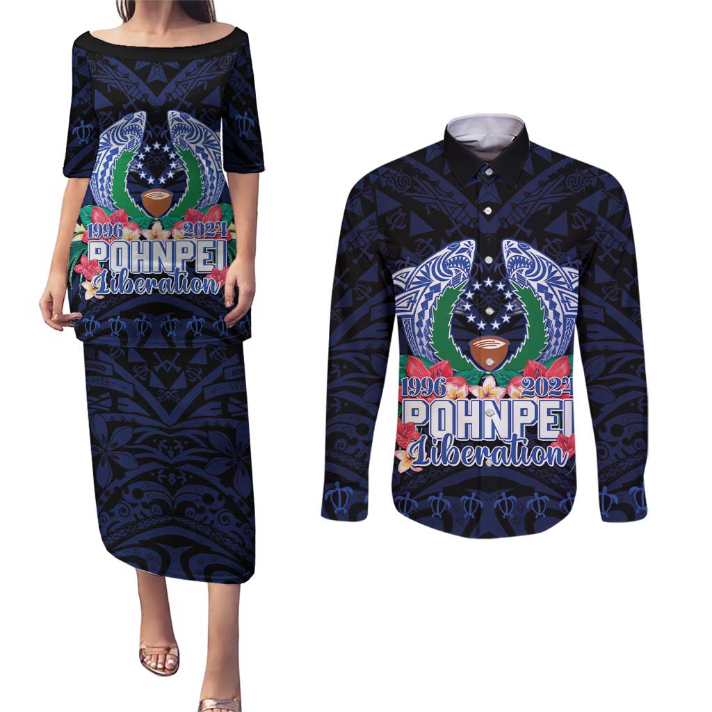 Happy Pohnpei Liberation Day Couples Matching Puletasi and Long Sleeve Button Shirt Polynesian Shark Turtle Motif LT05 Blue - Polynesian Pride