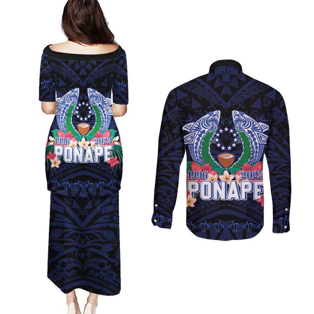 Happy Pohnpei Liberation Day Couples Matching Puletasi and Long Sleeve Button Shirt Polynesian Shark Turtle Motif LT05 - Polynesian Pride
