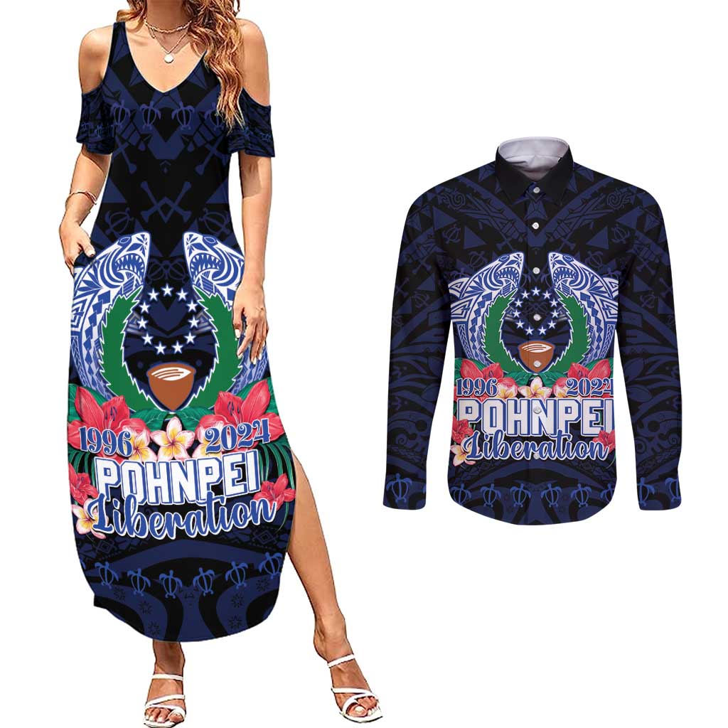 Happy Pohnpei Liberation Day Couples Matching Summer Maxi Dress and Long Sleeve Button Shirt Polynesian Shark Turtle Motif LT05 Blue - Polynesian Pride