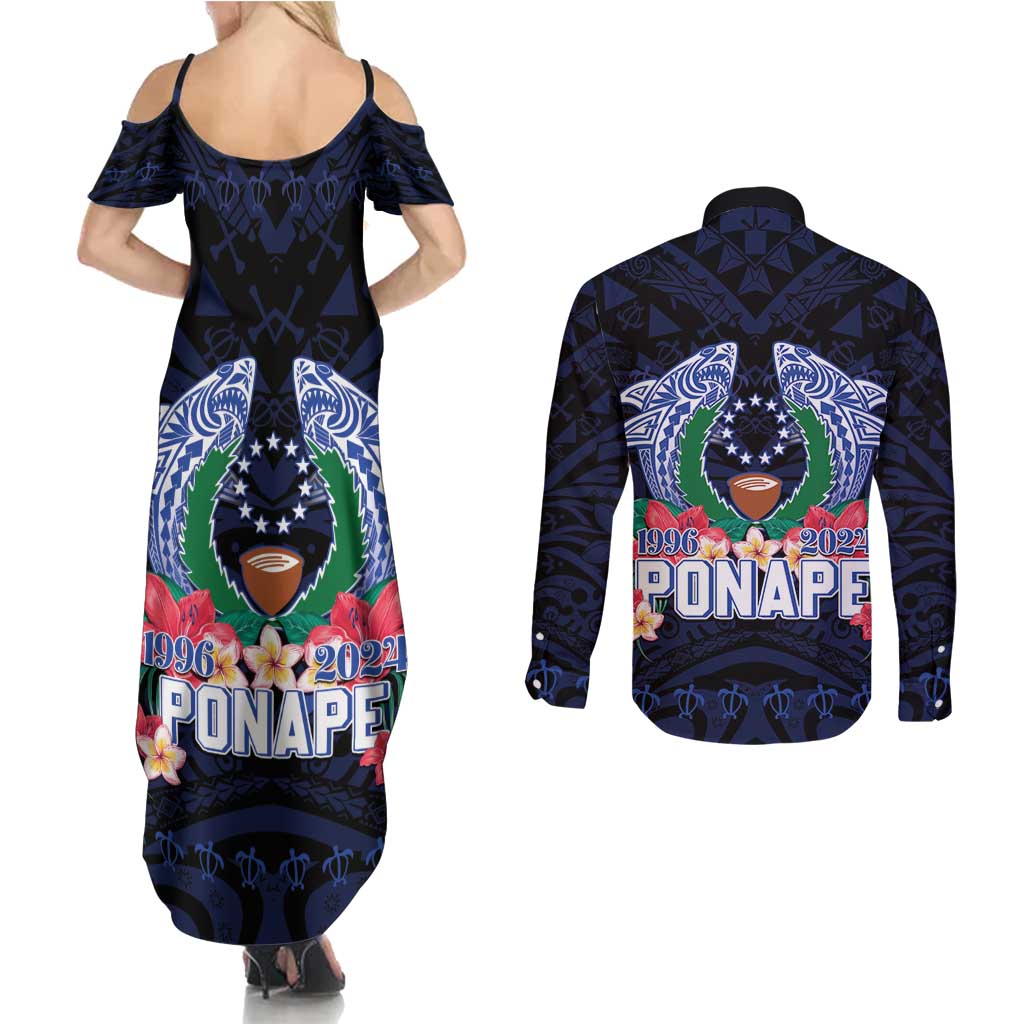 Happy Pohnpei Liberation Day Couples Matching Summer Maxi Dress and Long Sleeve Button Shirt Polynesian Shark Turtle Motif LT05 - Polynesian Pride