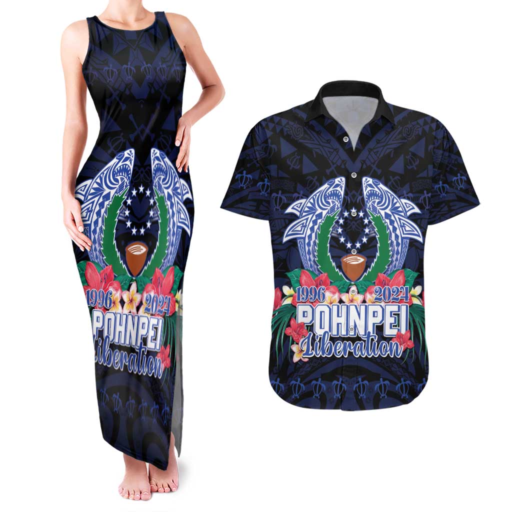 Happy Pohnpei Liberation Day Couples Matching Tank Maxi Dress and Hawaiian Shirt Polynesian Shark Turtle Motif LT05 Blue - Polynesian Pride
