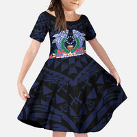 Happy Pohnpei Liberation Day Family Matching Long Sleeve Bodycon Dress and Hawaiian Shirt Polynesian Shark Turtle Motif LT05 Daughter's Dress Blue - Polynesian Pride
