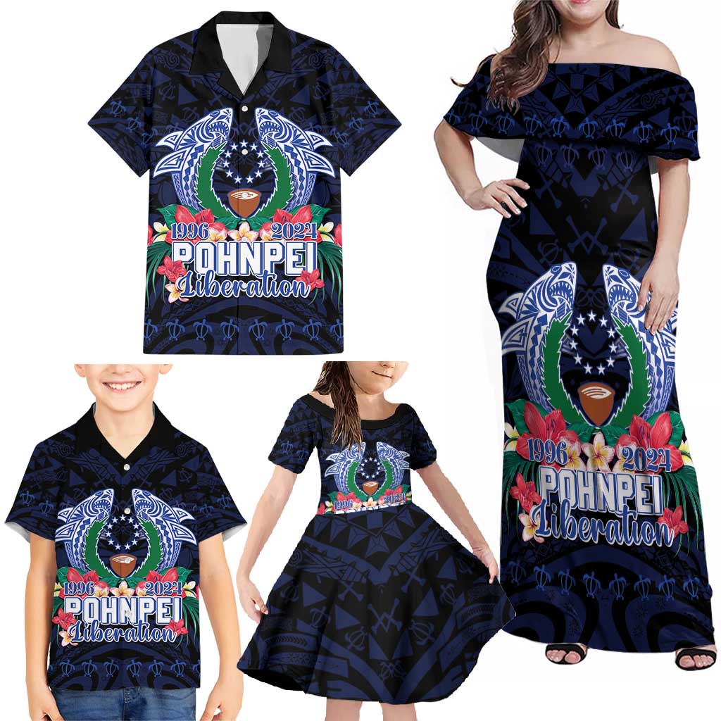 Happy Pohnpei Liberation Day Family Matching Off Shoulder Maxi Dress and Hawaiian Shirt Polynesian Shark Turtle Motif