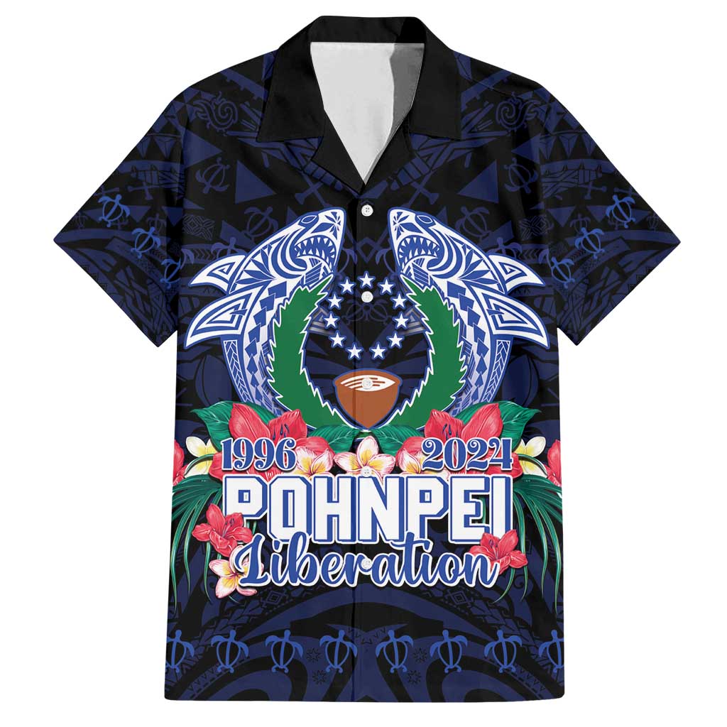 Happy Pohnpei Liberation Day Family Matching Off Shoulder Maxi Dress and Hawaiian Shirt Polynesian Shark Turtle Motif