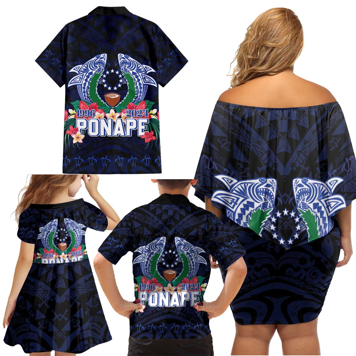 Happy Pohnpei Liberation Day Family Matching Off Shoulder Short Dress and Hawaiian Shirt Polynesian Shark Turtle Motif