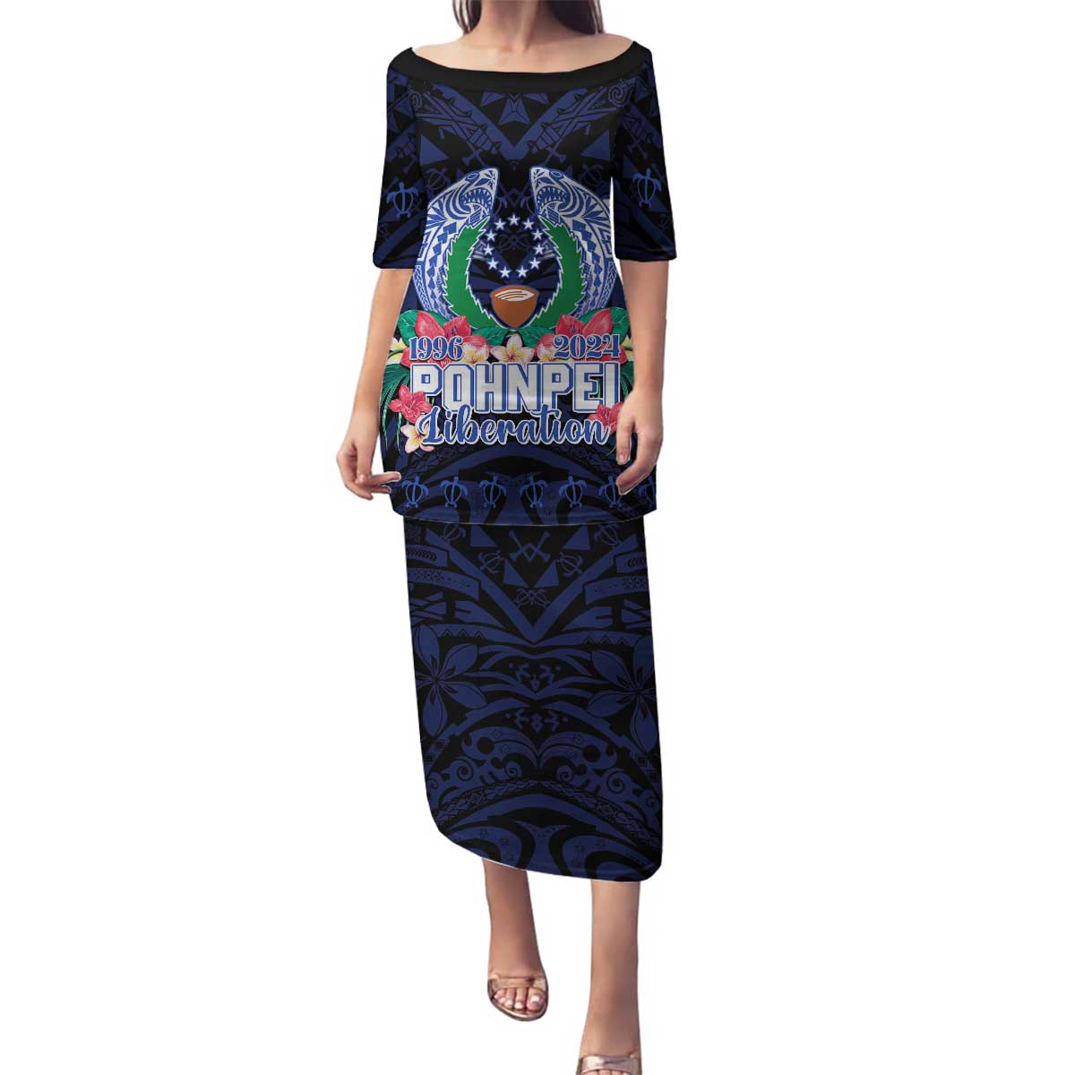 Happy Pohnpei Liberation Day Family Matching Puletasi and Hawaiian Shirt Polynesian Shark Turtle Motif