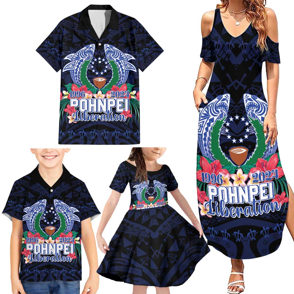 Happy Pohnpei Liberation Day Family Matching Summer Maxi Dress and Hawaiian Shirt Polynesian Shark Turtle Motif