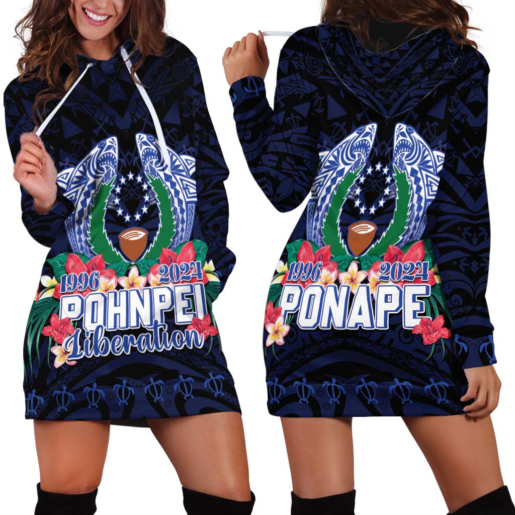 Happy Pohnpei Liberation Day Hoodie Dress Polynesian Shark Turtle Motif LT05 - Polynesian Pride