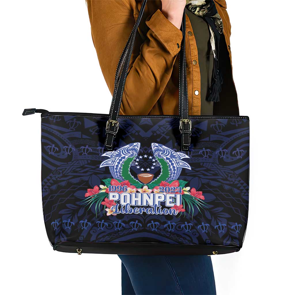 Happy Pohnpei Liberation Day Leather Tote Bag Polynesian Shark Turtle Motif LT05 - Polynesian Pride