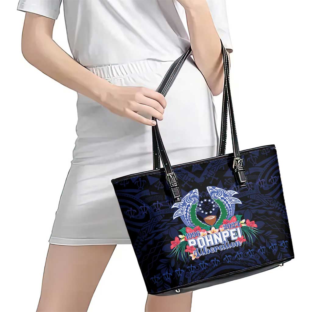 Happy Pohnpei Liberation Day Leather Tote Bag Polynesian Shark Turtle Motif LT05 - Polynesian Pride