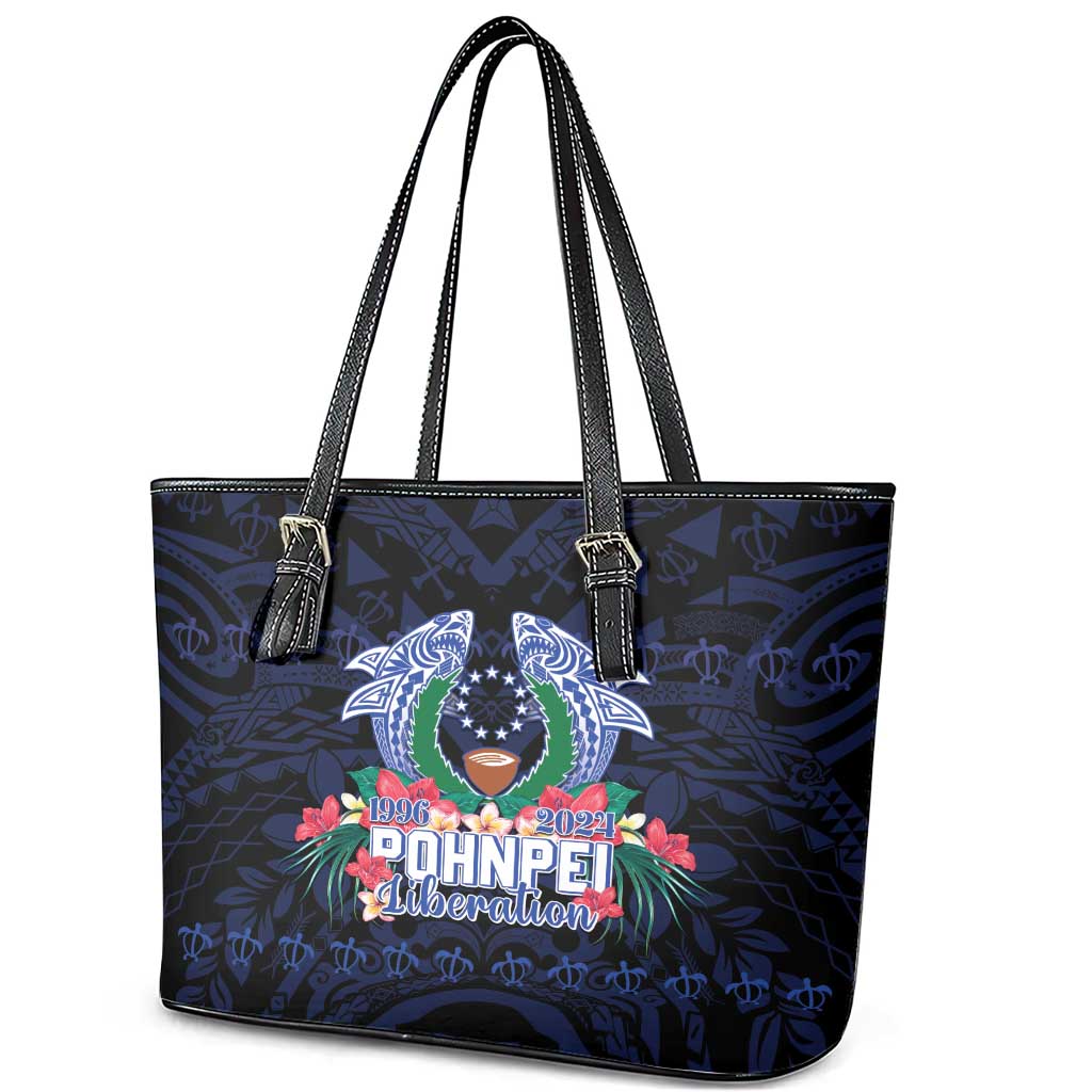 Happy Pohnpei Liberation Day Leather Tote Bag Polynesian Shark Turtle Motif LT05 - Polynesian Pride