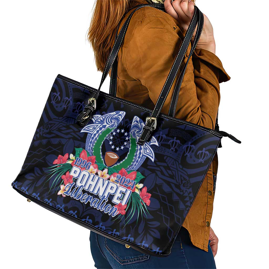 Happy Pohnpei Liberation Day Leather Tote Bag Polynesian Shark Turtle Motif LT05 - Polynesian Pride