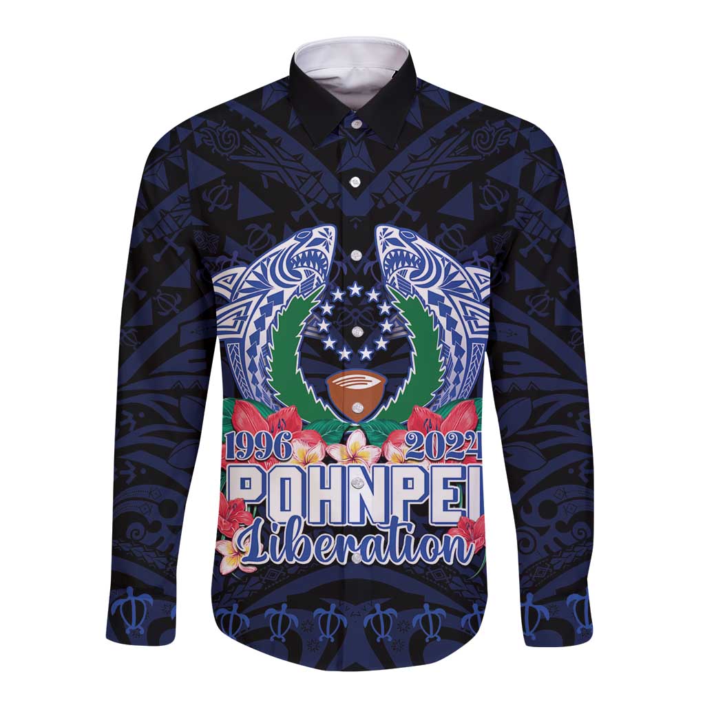 Happy Pohnpei Liberation Day Long Sleeve Button Shirt Polynesian Shark Turtle Motif