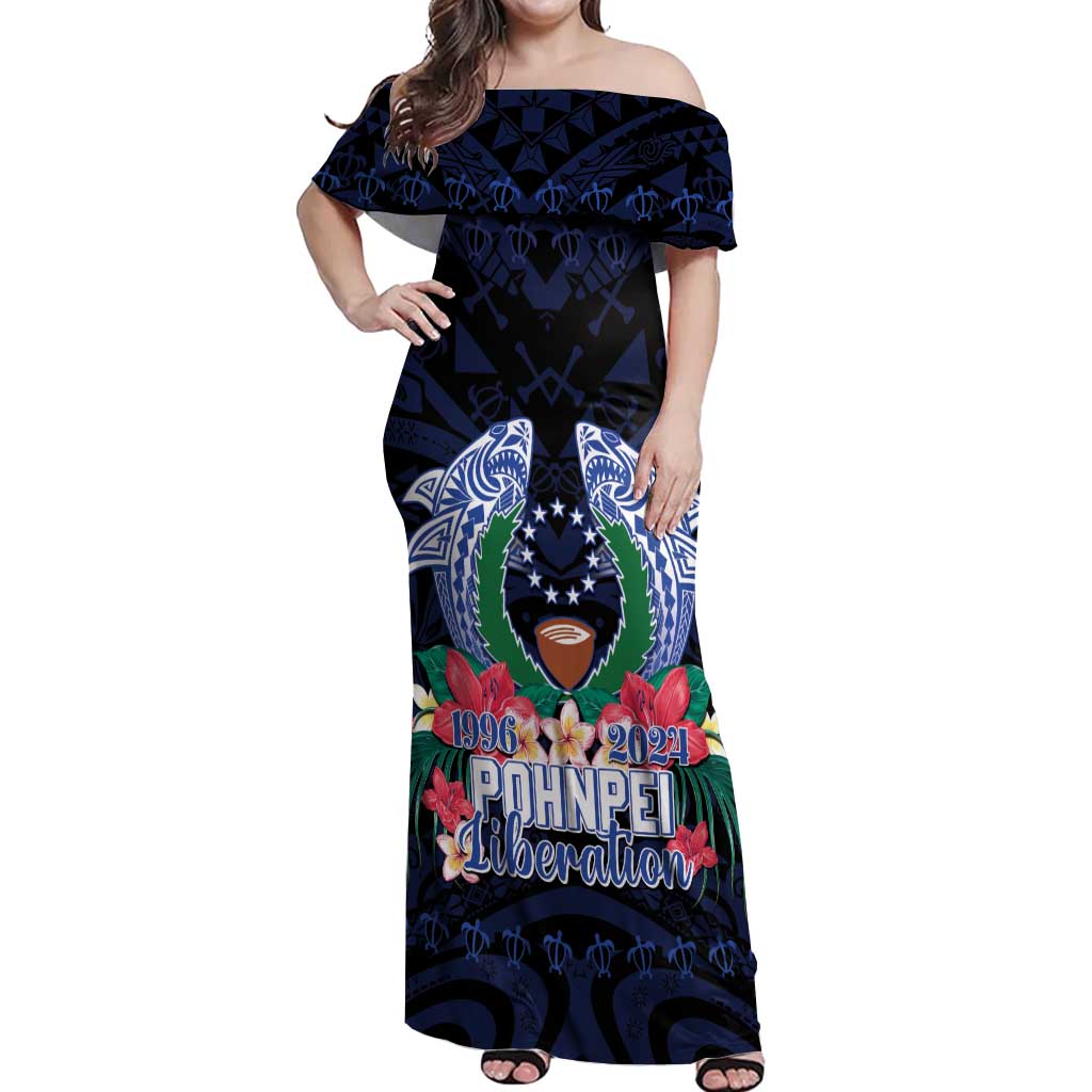 Happy Pohnpei Liberation Day Off Shoulder Maxi Dress Polynesian Shark Turtle Motif LT05 Women Blue - Polynesian Pride