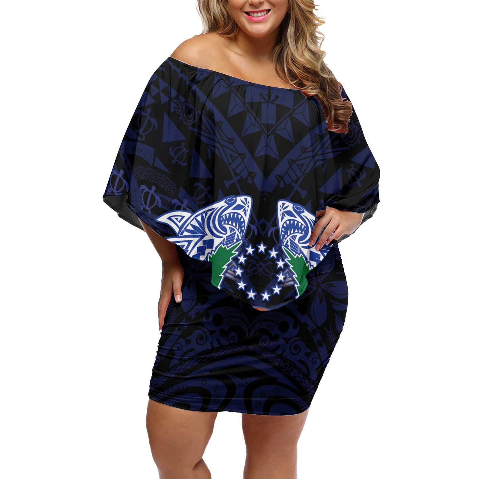Happy Pohnpei Liberation Day Off Shoulder Short Dress Polynesian Shark Turtle Motif LT05 Women Blue - Polynesian Pride
