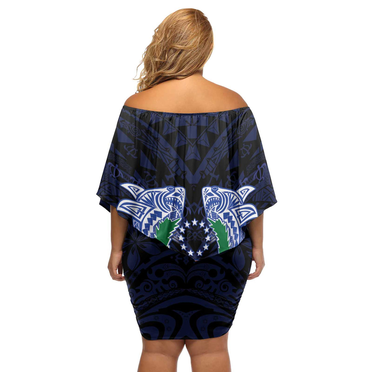 Happy Pohnpei Liberation Day Off Shoulder Short Dress Polynesian Shark Turtle Motif LT05 - Polynesian Pride