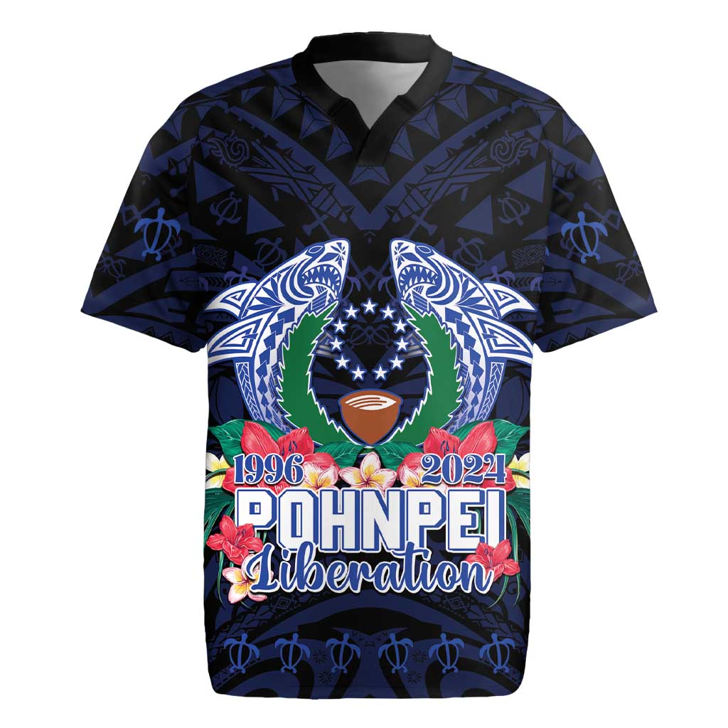 Happy Pohnpei Liberation Day Rugby Jersey Polynesian Shark Turtle Motif LT05 Blue - Polynesian Pride
