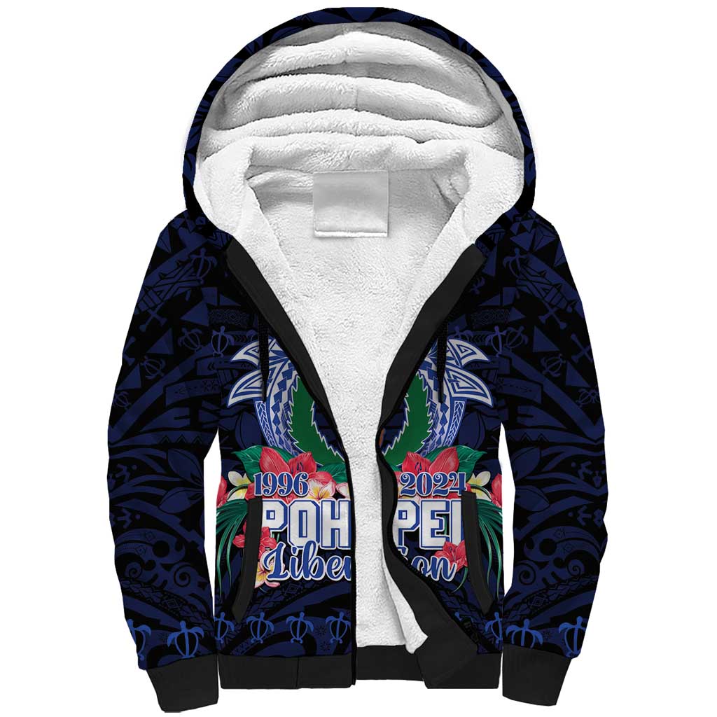 Happy Pohnpei Liberation Day Sherpa Hoodie Polynesian Shark Turtle Motif LT05 Unisex Blue - Polynesian Pride