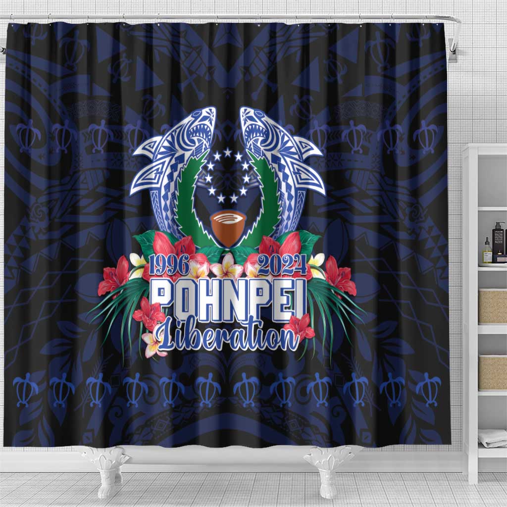 Happy Pohnpei Liberation Day Shower Curtain Polynesian Shark Turtle Motif