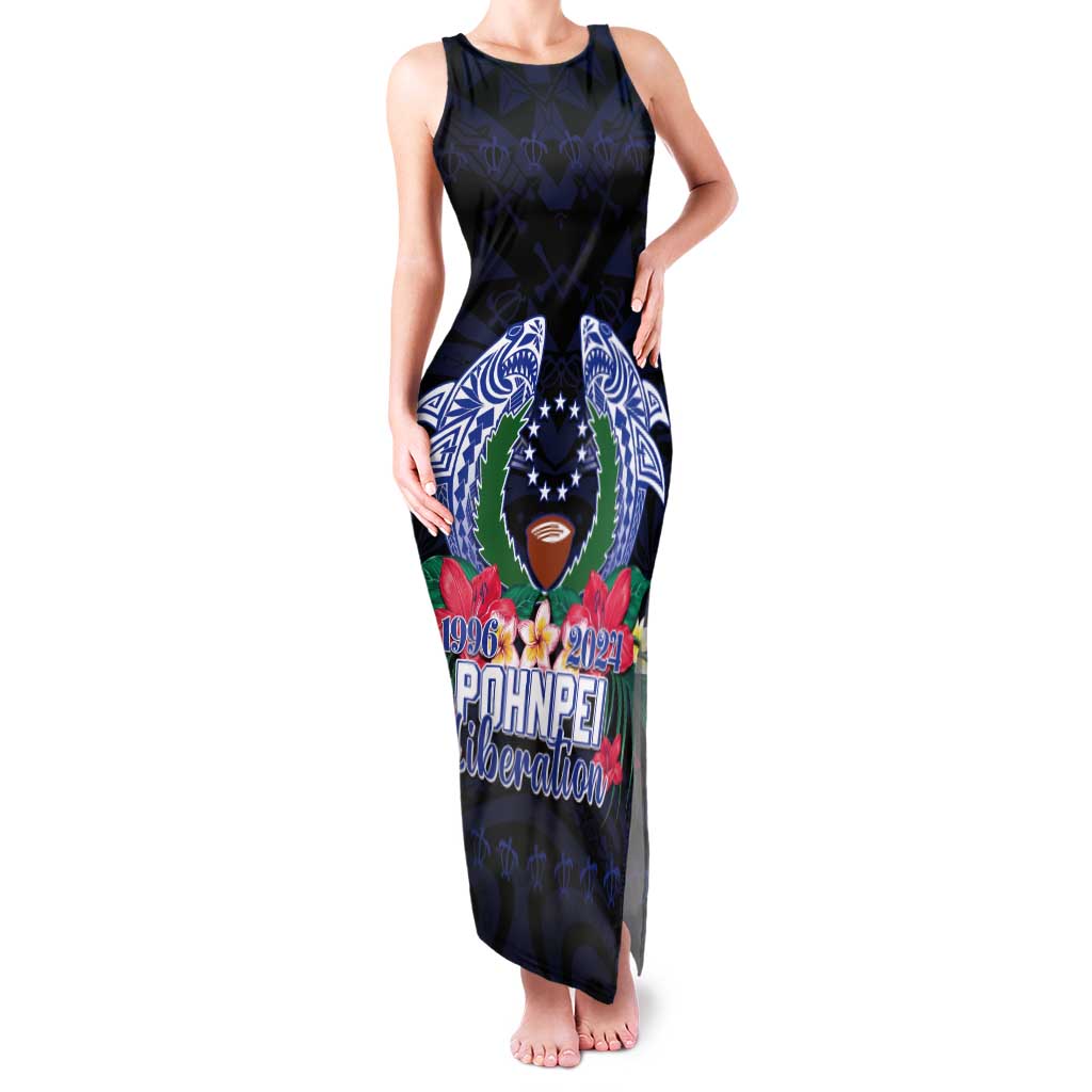 Happy Pohnpei Liberation Day Tank Maxi Dress Polynesian Shark Turtle Motif LT05 Women Blue - Polynesian Pride