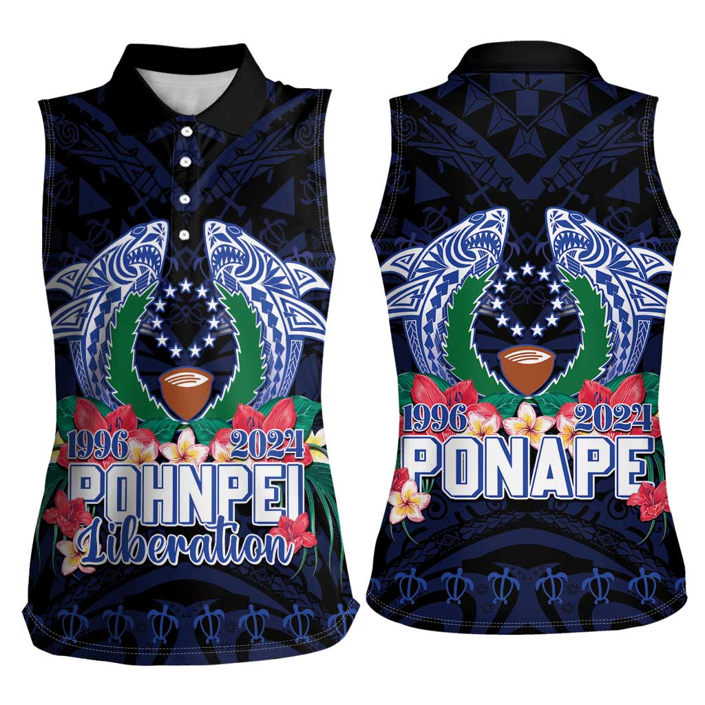 Happy Pohnpei Liberation Day Women Sleeveless Polo Shirt Polynesian Shark Turtle Motif
