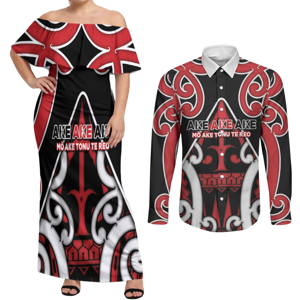 New Zealand Maori Language Week Couples Matching Off Shoulder Maxi Dress and Long Sleeve Button Shirt Mo Ake Tonu Te Reo