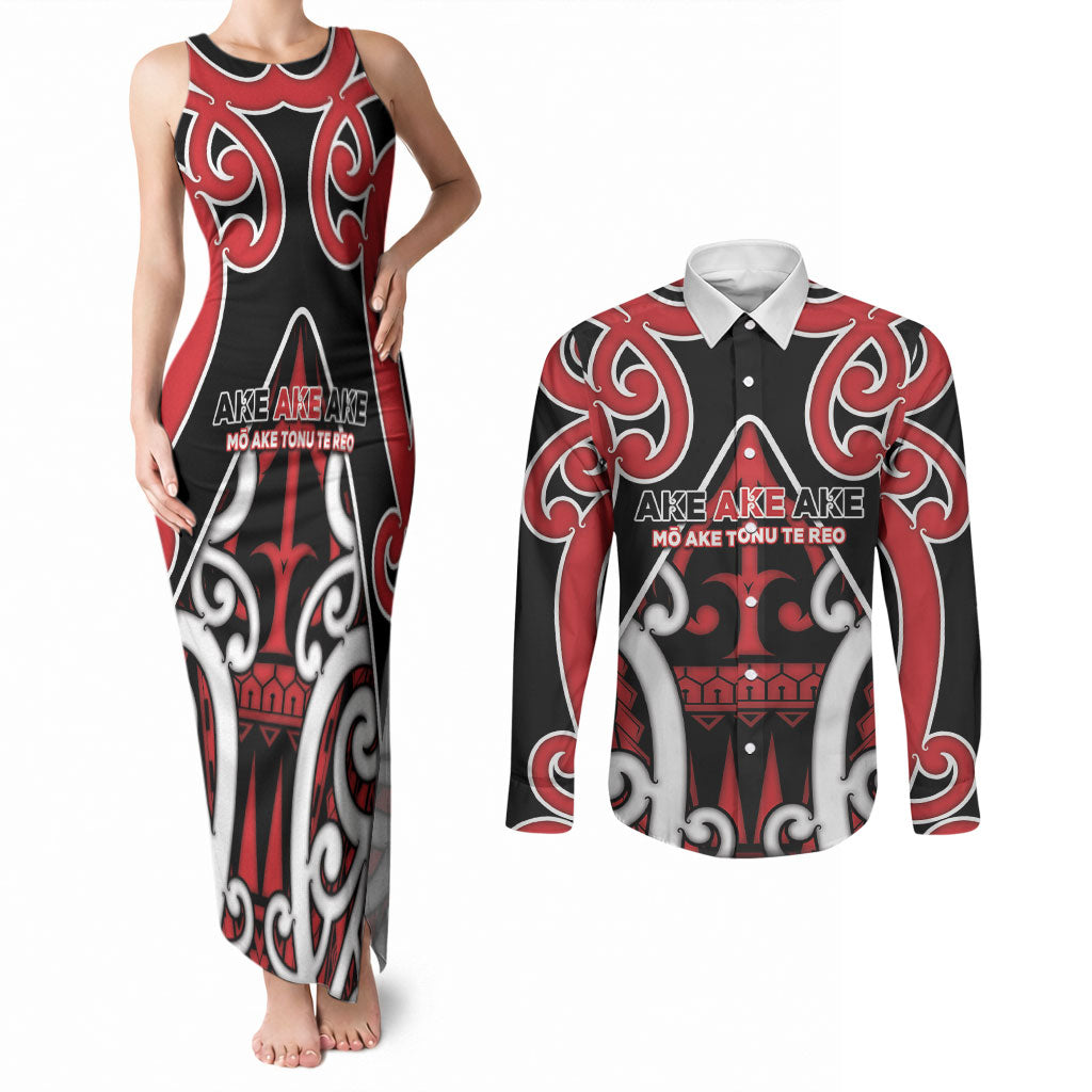 New Zealand Maori Language Week Couples Matching Tank Maxi Dress and Long Sleeve Button Shirt Mo Ake Tonu Te Reo