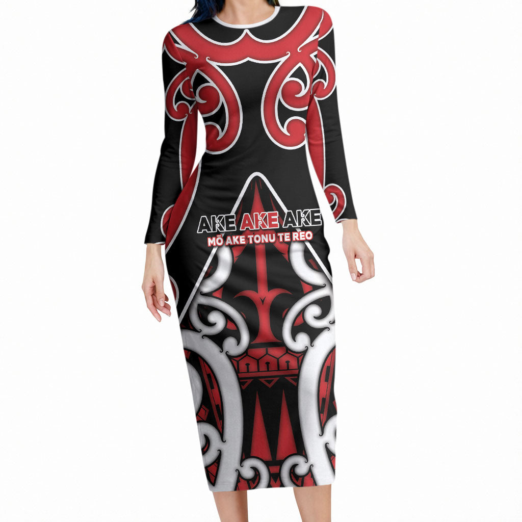 New Zealand Maori Language Week Long Sleeve Bodycon Dress Mo Ake Tonu Te Reo LT05 Long Dress Black - Polynesian Pride