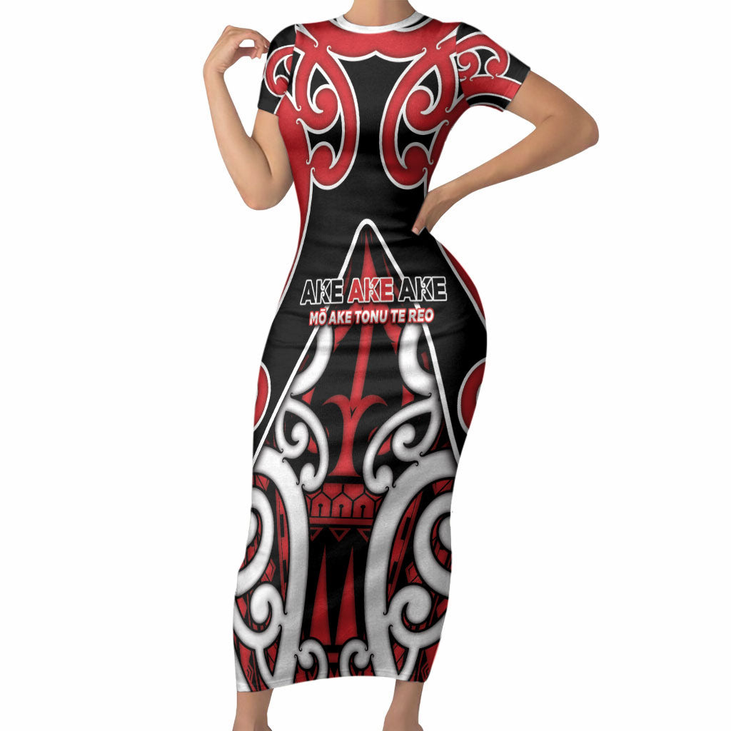 New Zealand Maori Language Week Short Sleeve Bodycon Dress Mo Ake Tonu Te Reo LT05 Long Dress Black - Polynesian Pride