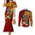 Personalized Tonga Eua Couples Matching Mermaid Dress and Long Sleeve Button Shirts Maroon Shining Parrot Coat Of Arms With Ngatu Pattern LT05 Red - Polynesian Pride