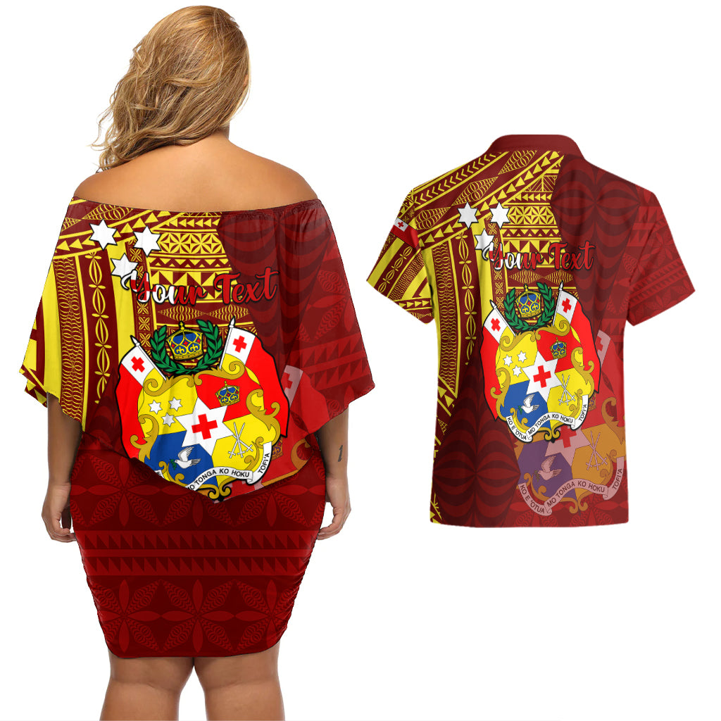 Personalized Tonga Eua Couples Matching Off Shoulder Short Dress and Hawaiian Shirt Maroon Shining Parrot Coat Of Arms With Ngatu Pattern LT05 - Polynesian Pride