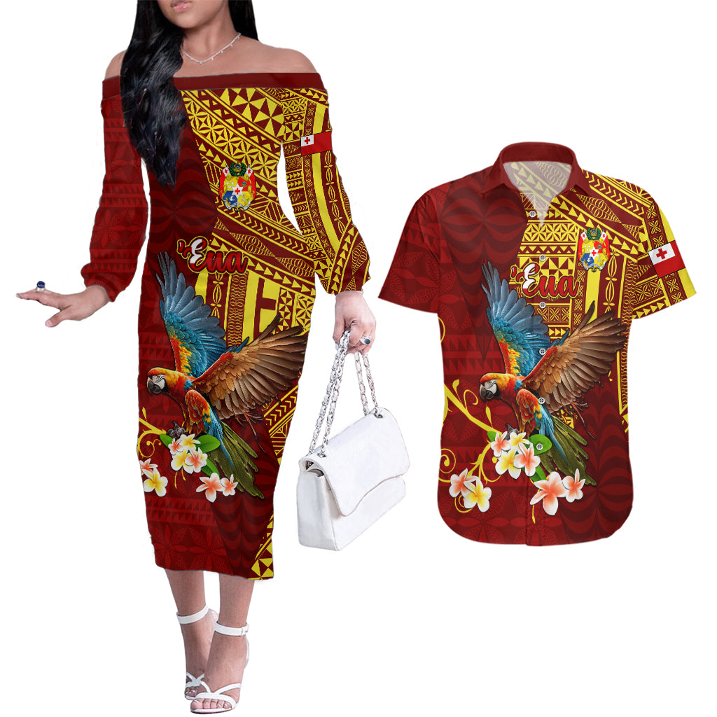 Personalized Tonga Eua Couples Matching Off The Shoulder Long Sleeve Dress and Hawaiian Shirt Maroon Shining Parrot Coat Of Arms With Ngatu Pattern LT05 Red - Polynesian Pride